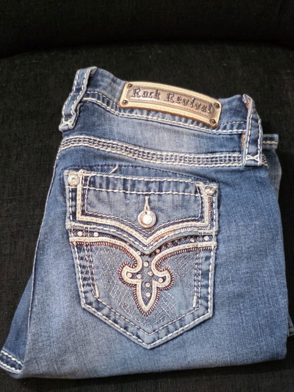 Rock Revival Rana Fleur-de-Lis Easy Boot Light Blue Jeans - Womans' Size 28